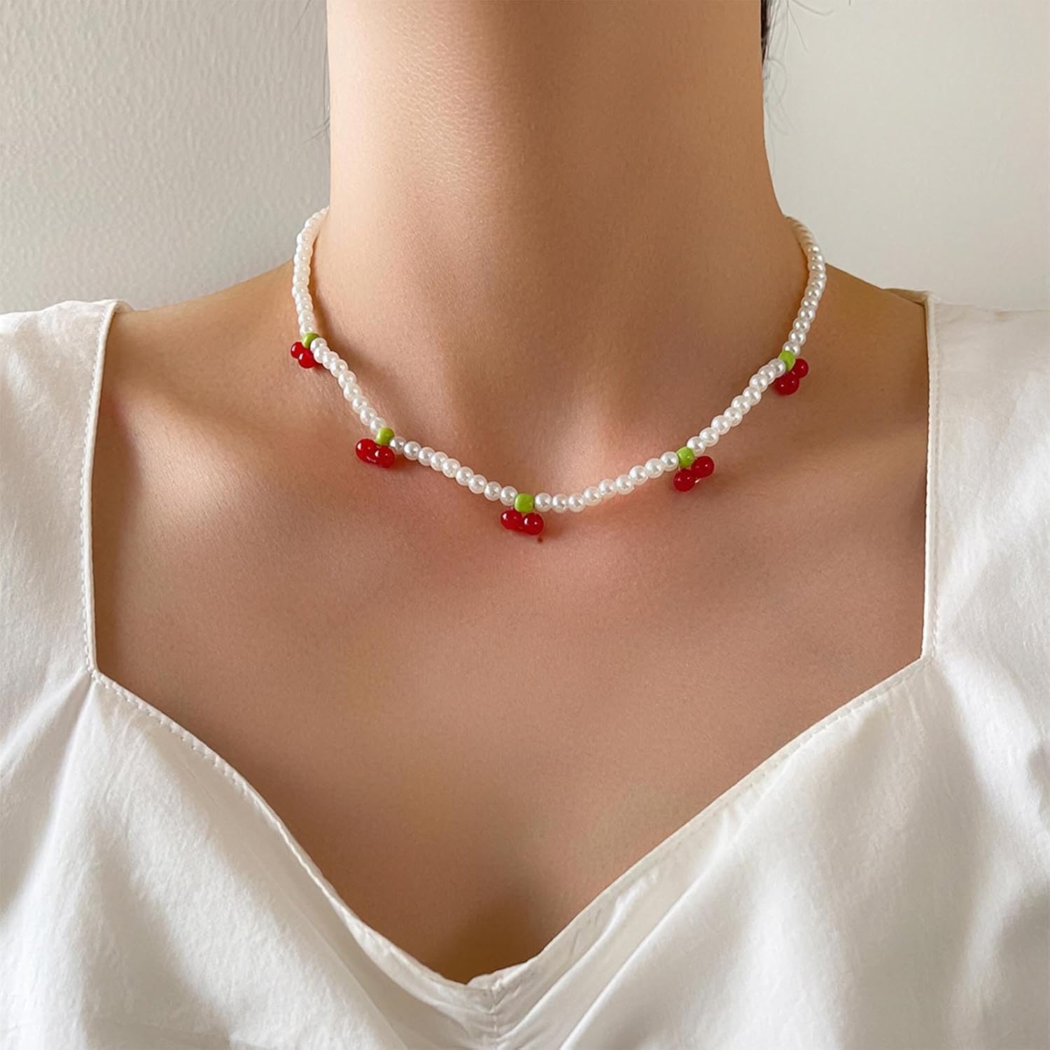 Vintage Pearl Choker Necklace Red Ruby Strawberry Dangle Necklace Boho Dangle Strawberry Necklace Pearl Chain Necklace Jewelry for Women - Image 2