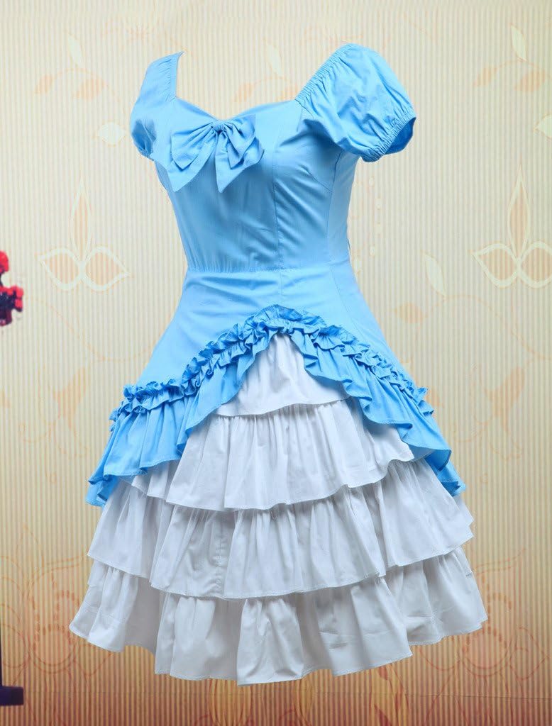 Hugme Cotton Short Sleeves Ruffle Bow Classic Lolita Dress Light Sky Blue