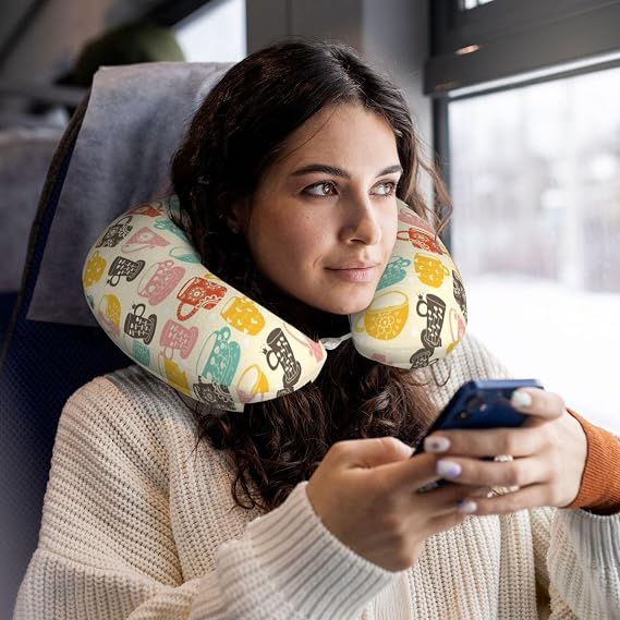 Memory Foam Travel Pillows for Airplanes - Soft Vintage Cup U Shaped Plane Neck Pillow for Sleeping for Traveling, Car, Train, Napping, and Home, Washable