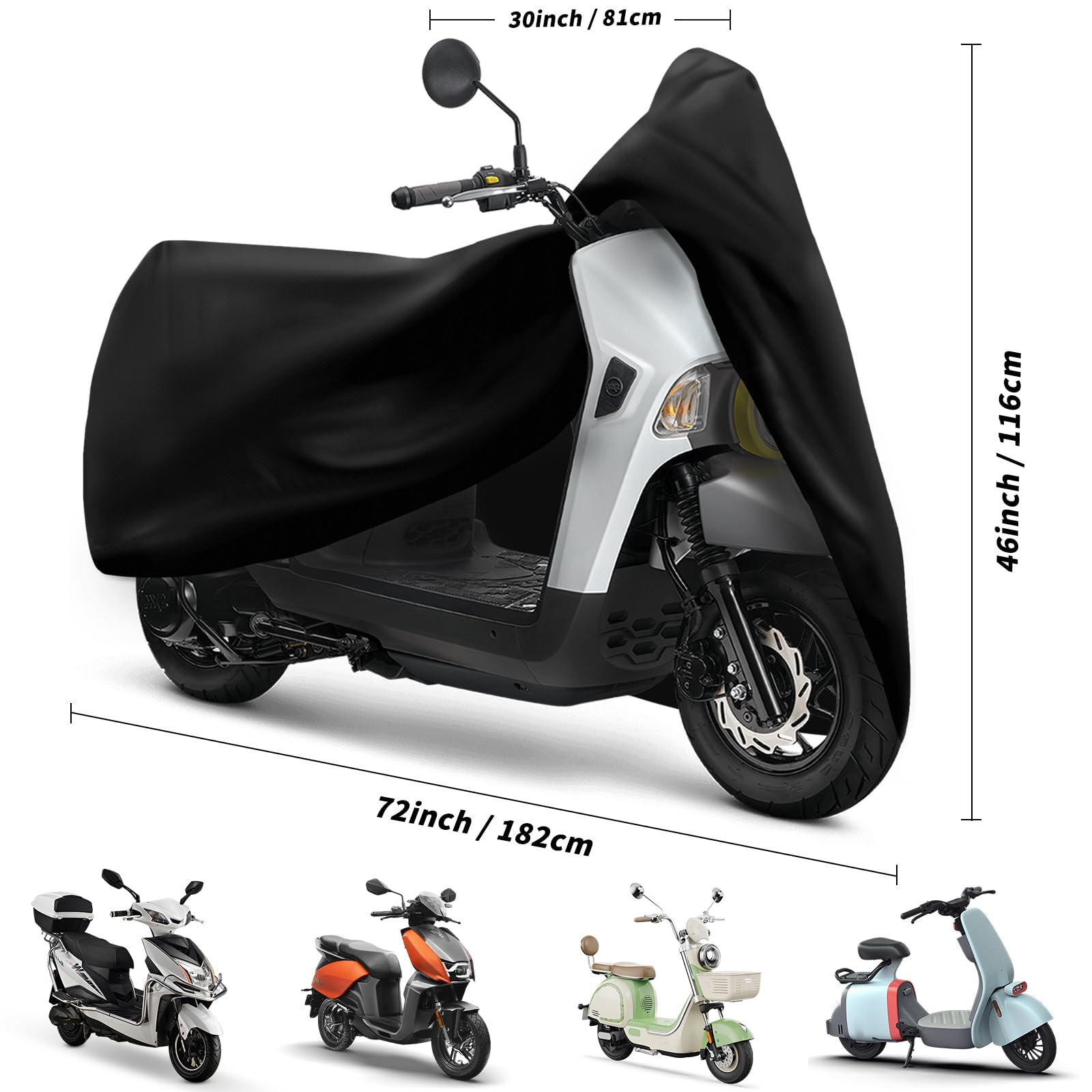 XYZCTEM Funda Impermeable para Scooter, Cubierta para ciclomotor, protección Exterior contra el Agua, los Rayos UV, el Viento. Negro, 72 Pulgadas L