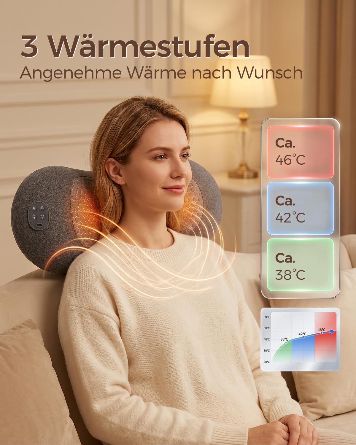 3 in 1 Rückenmassagegerät mit Wärmefunktion für Nacken & Rücken | Massagekissen mit Luftkompression, Vibration und 3 Wärmestufen; weicher Stoff, USB-C Laden für Schultern und Rücken