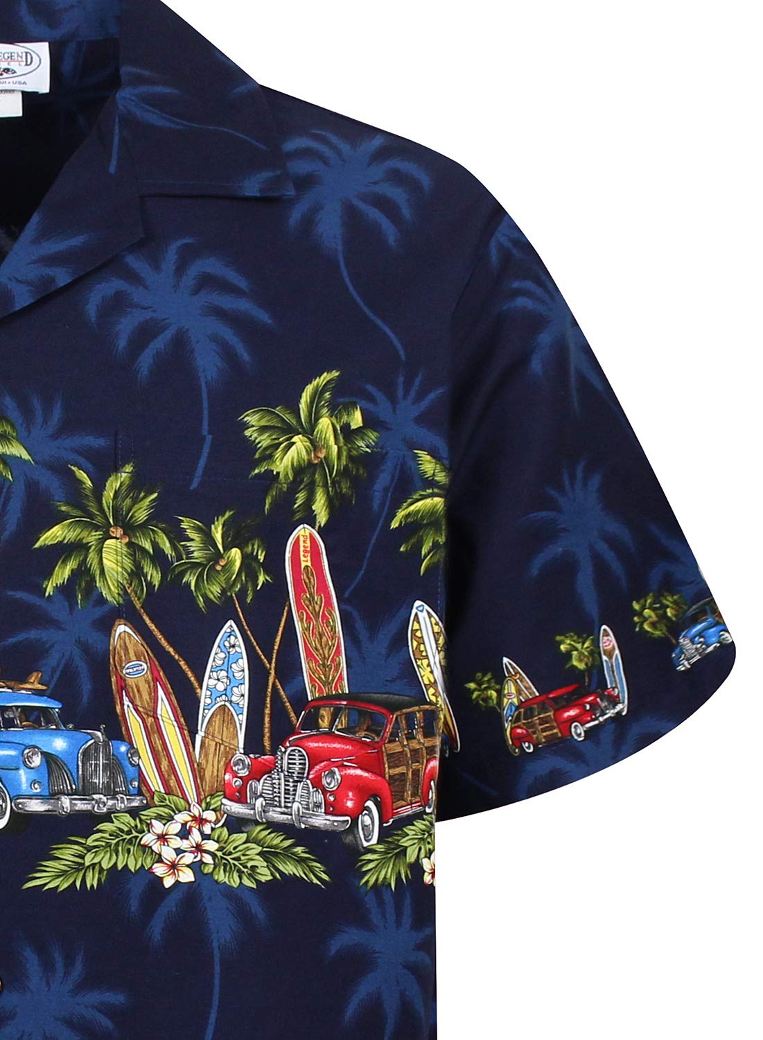 Pacific Legend Original Hawaiihemd, Kurzarm, Surfbretter Autos Brust-Print, Schwarz, 4XL