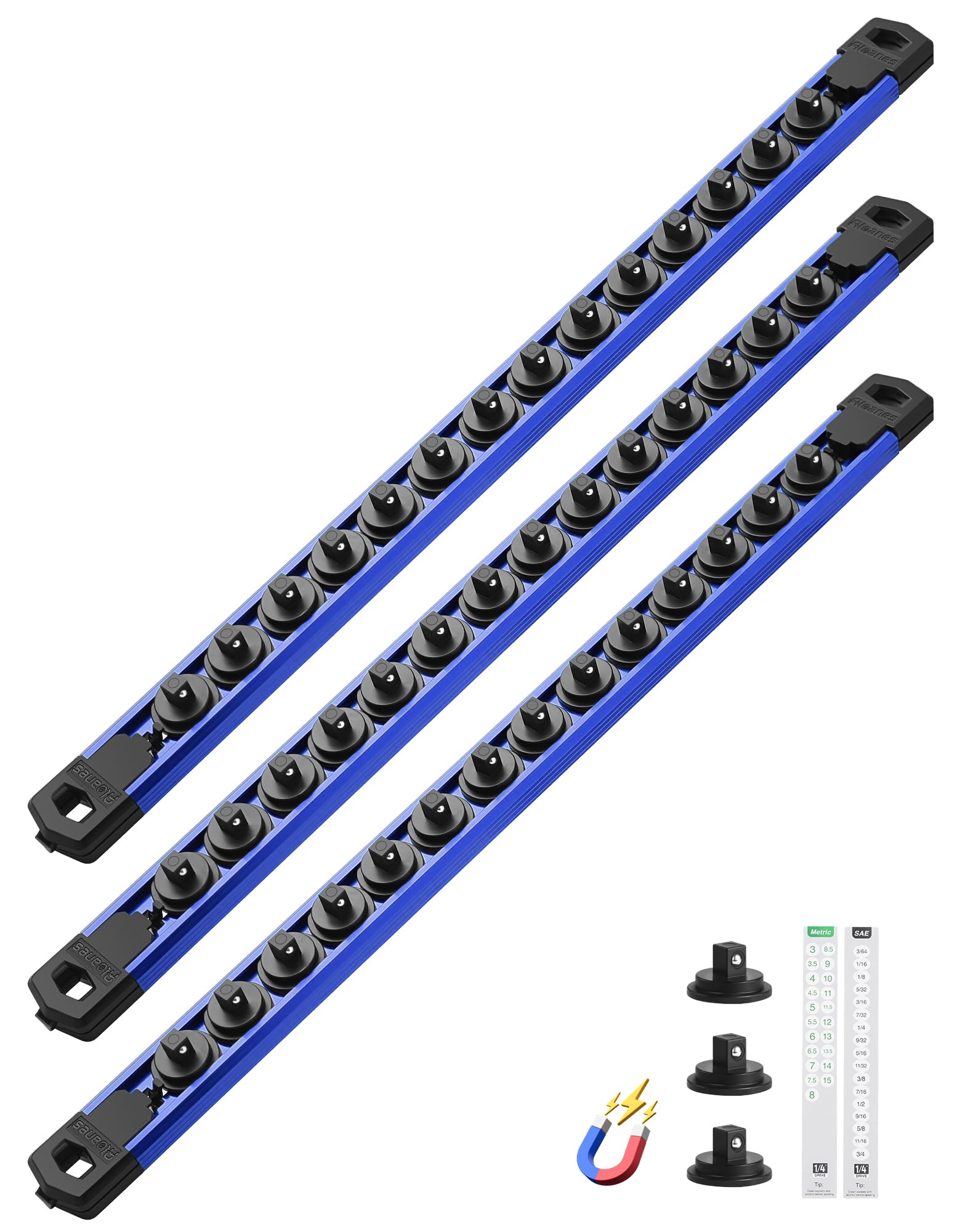 ALOANES Magnetic Socket Organizer, 1/4" Rail 42 Clips (Blue, 3PC)