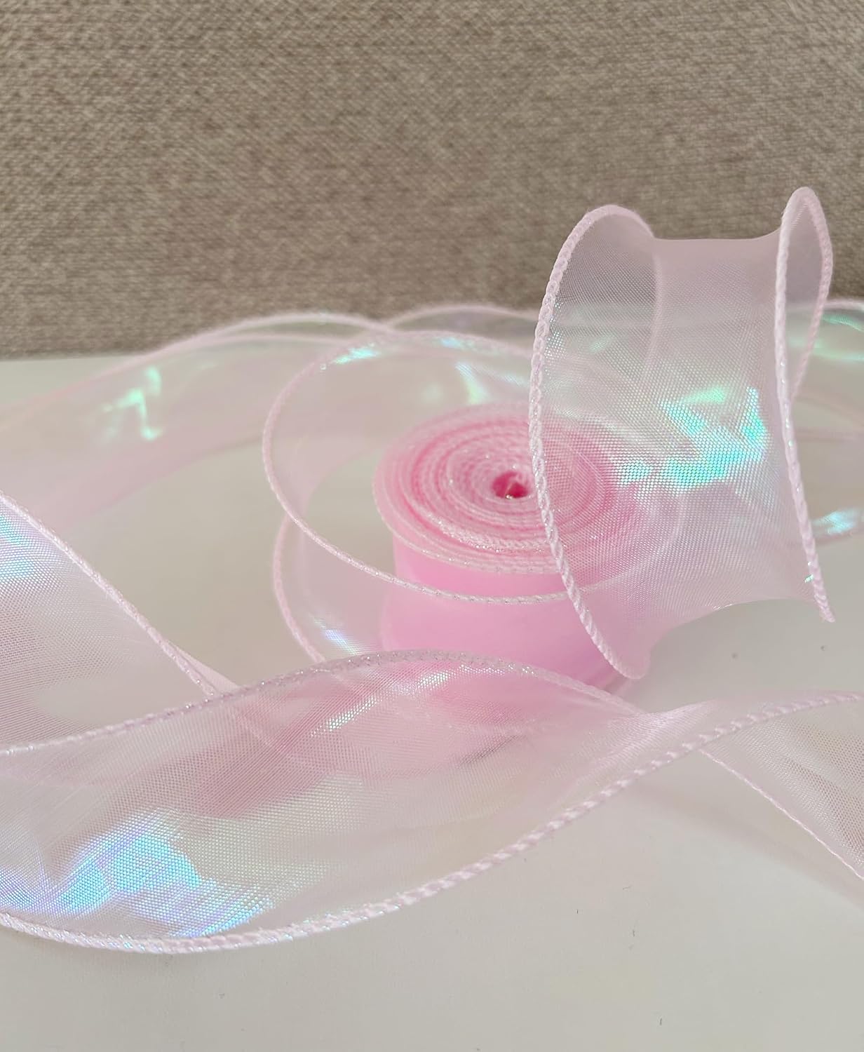 1-1/2 Inch Wide 10 Yards Iridescent Pink Wired Chiffon Ribbon for Gift Wrapping Bouquet Wrapping Craft image 5