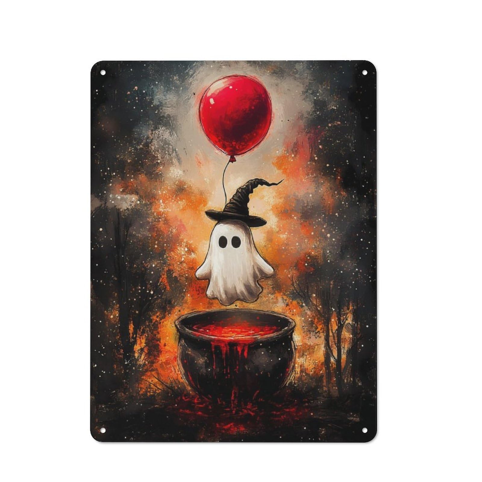 Ghost with Balloon And Cauldron Vintage Metal Sign 40x30cm for Studio Or Craft Room, for Collectors Decorating Studios And Craft Rooms