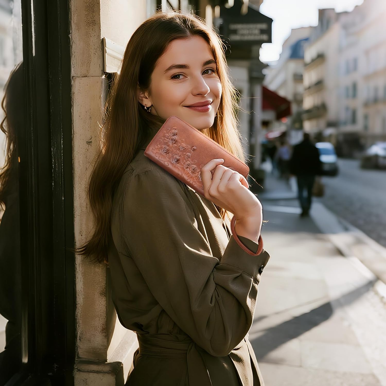 MEITRUE Womens Wallet Large Capacity Phone Clutch Purse RFID Floral Embossed Vegan Leather Travel Wallet with Wristlet Brown - Image 3