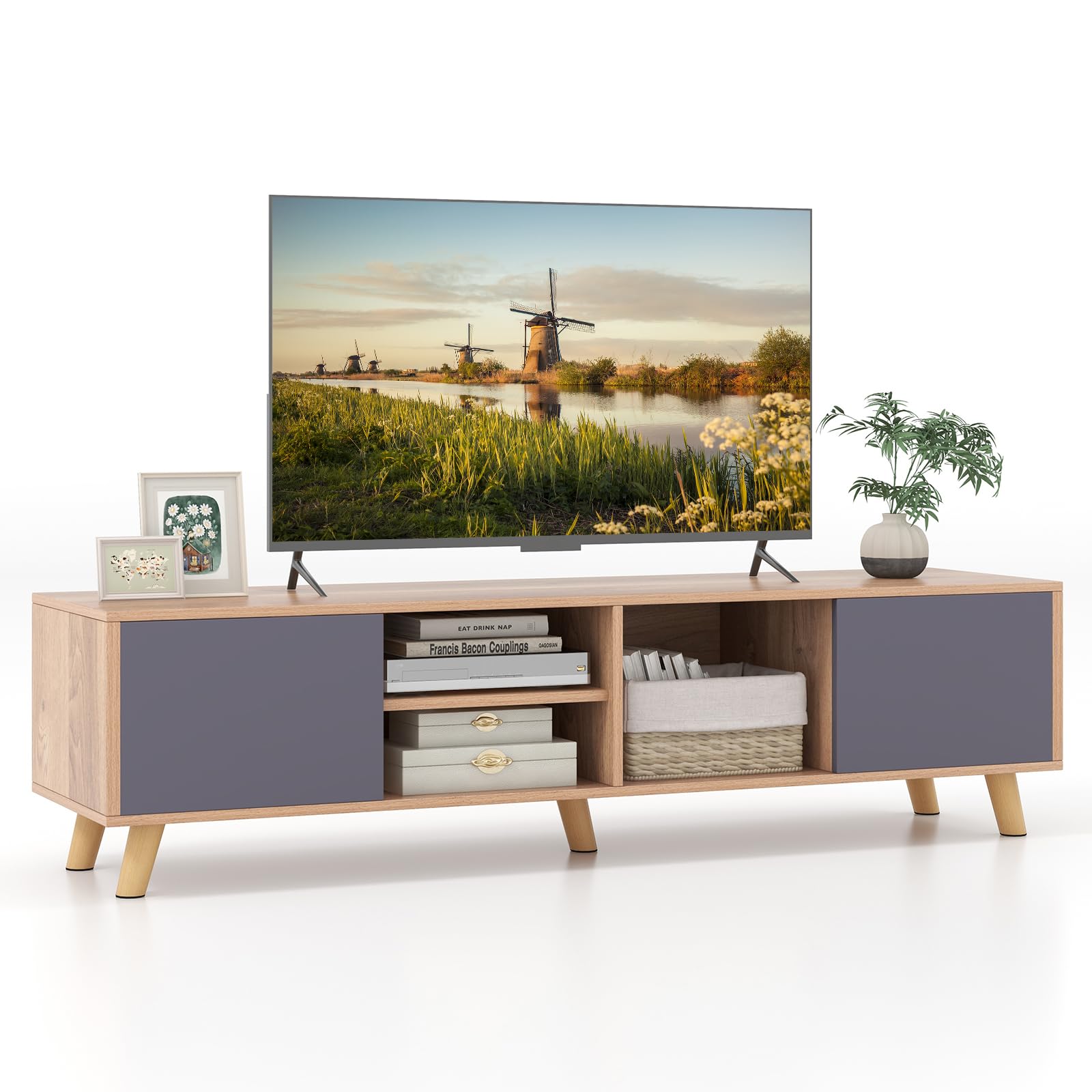 LUARANE Mobile TV In Legno 2-in-1 Per TV Fino A 65'' - Console Con 2 Ante, 4 Ripiani Aperti E Spazio Per Camino 18''