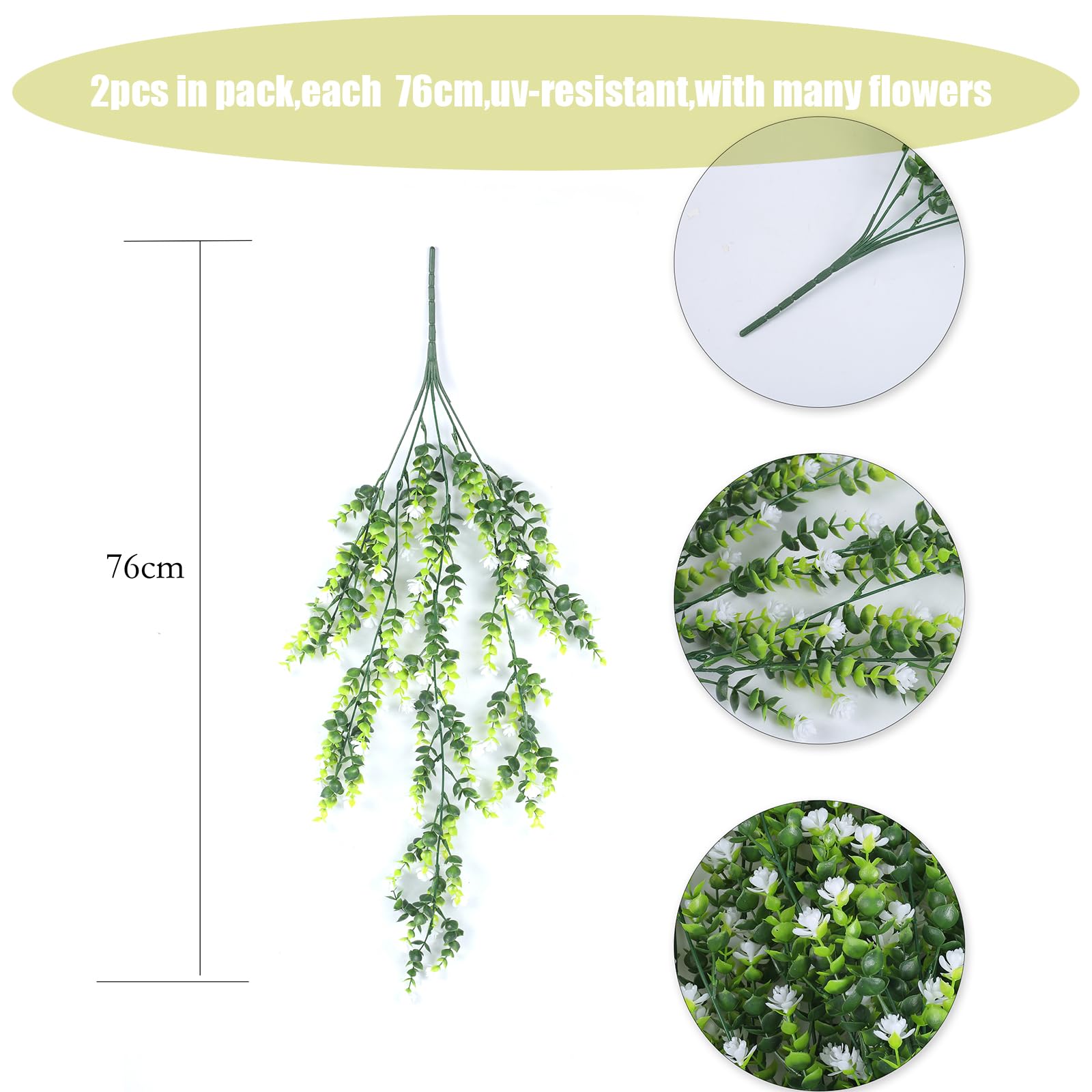 HBell 2Pcs Artificial Hanging Flowers,UV-Resistant Fake Hanging Plants Flower Bouquet Hanging Vine Plants Drooping Plants for Wall Home Garden Yard Patio Wedding Indoor Outdoor Decoration (White) - Image 2