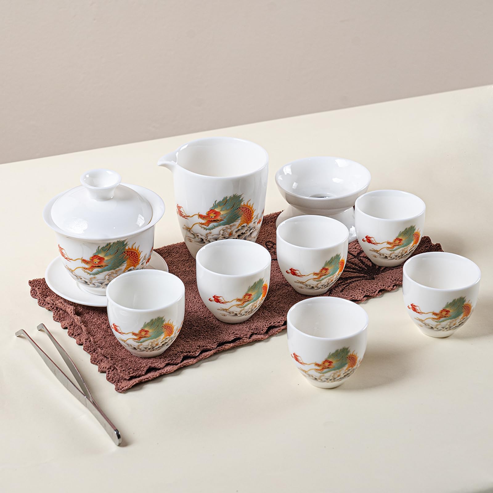 Zestaw do herbaty Gaiwan Gongfu, chiński zestaw do herbaty Gongfu, biały ceramiczny zestaw do herbaty dla dorosłych Azjatów, 6 filiżanek, odpowiedni na małe spotkania, do domu i biura, na prezent.