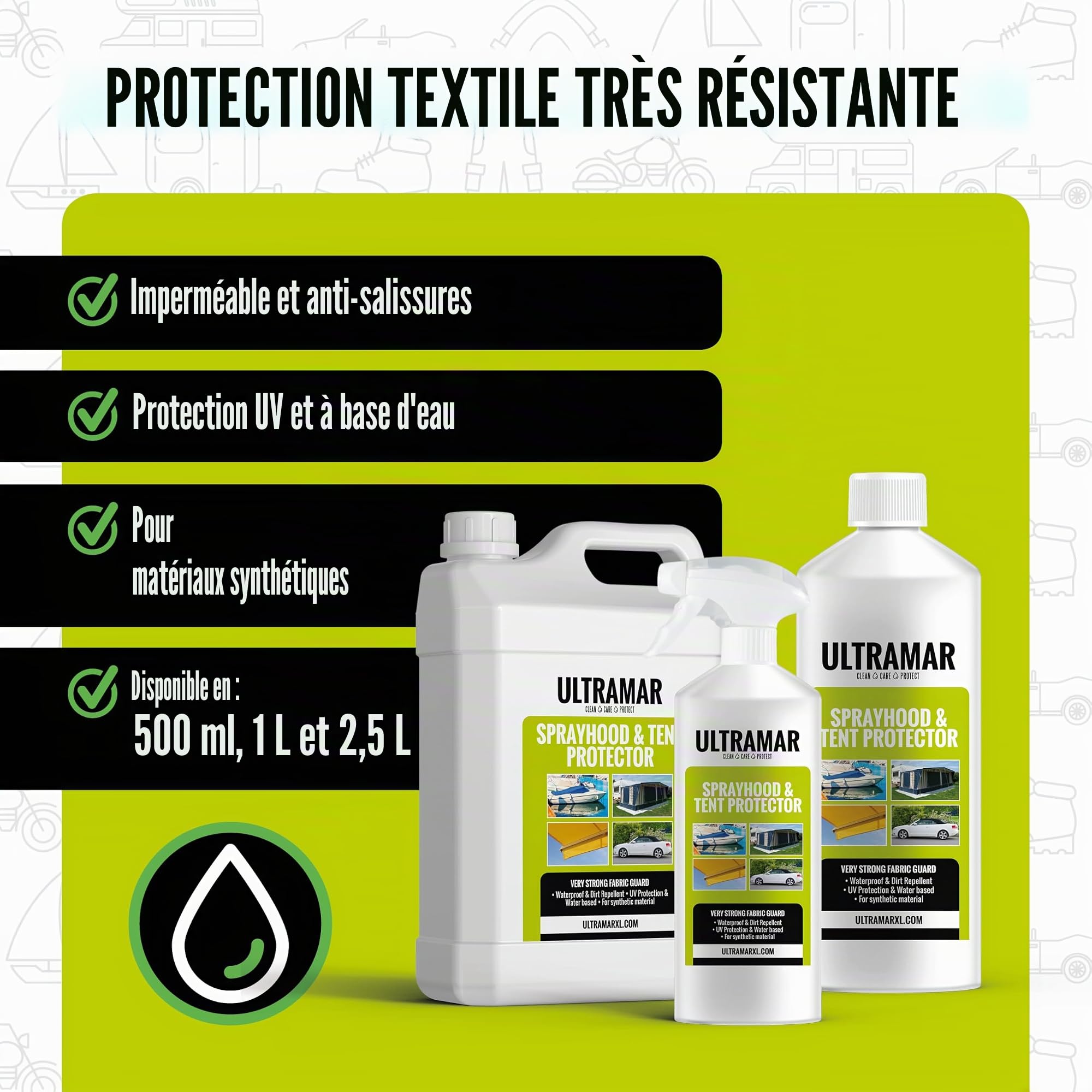 Ultramar - Sprayhood & Tent Protector - Imperméabilisant pour Tente, Bimini pour Bateau, Store Banne, Toit Convertible - Spray d'imprégnation - Imprégnateur