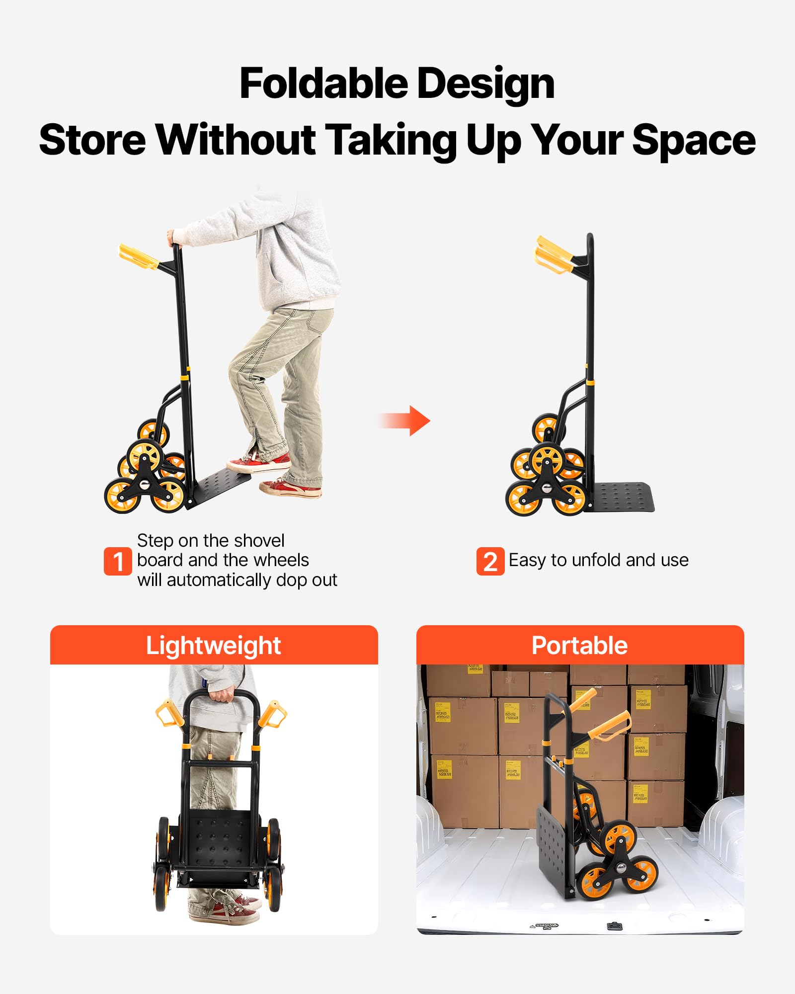 VEVOR Carrello Portapacchi per Scale Capacità di Salita Scale 150 kg, Carrello Pieghevole per Carichi Pesanti con Maniglia Telescopica, 6 Ruote e 2 Corde Elastiche, per Generi Alimentari, Magazzino