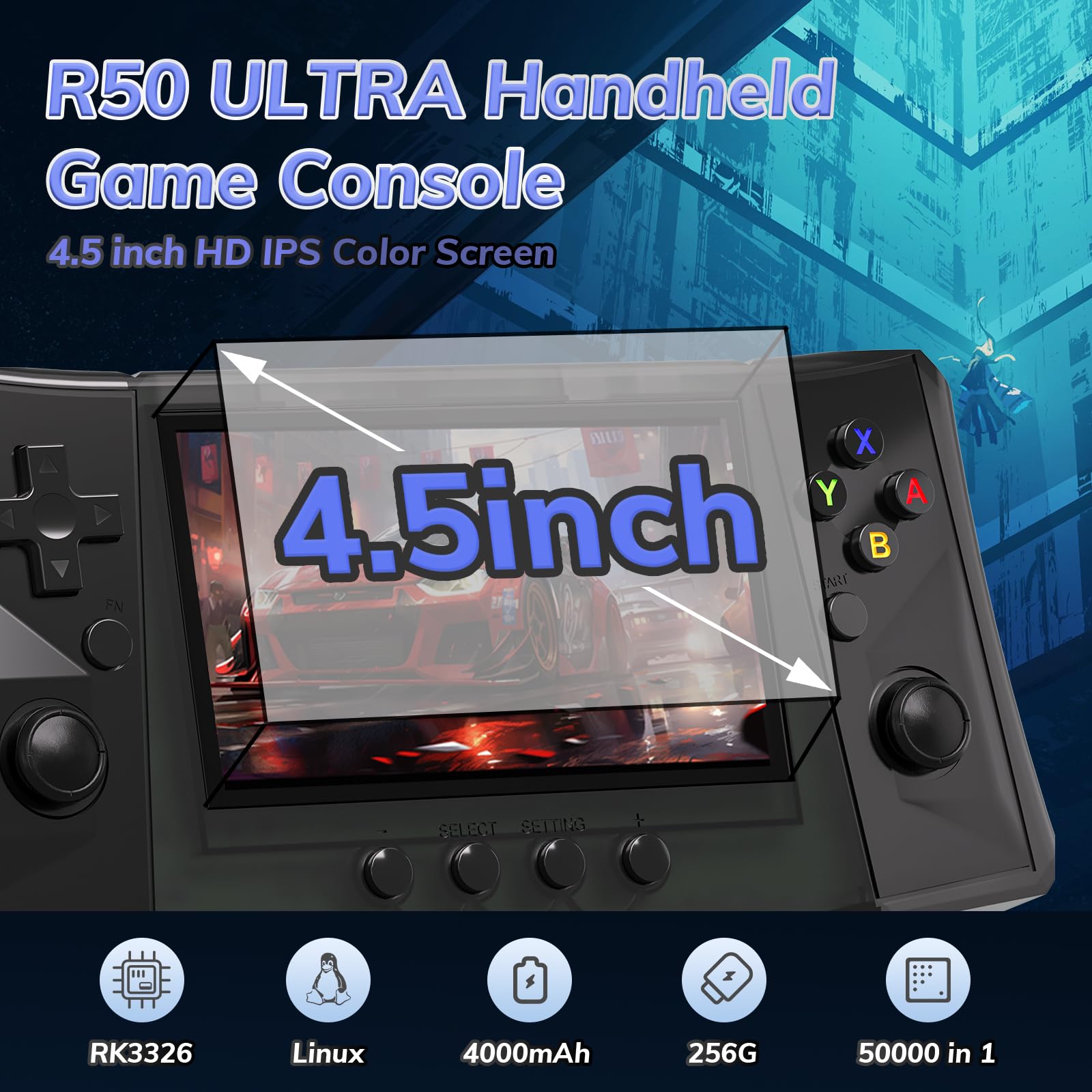 RegiisJoy R50 Ultra 50000 in 1 Handheld Game Console, 4.5 Inch IPS Screen Retro Gaming Consoles Main Emulators, Portable Mini Pocket Arcade Linux System - Image 2