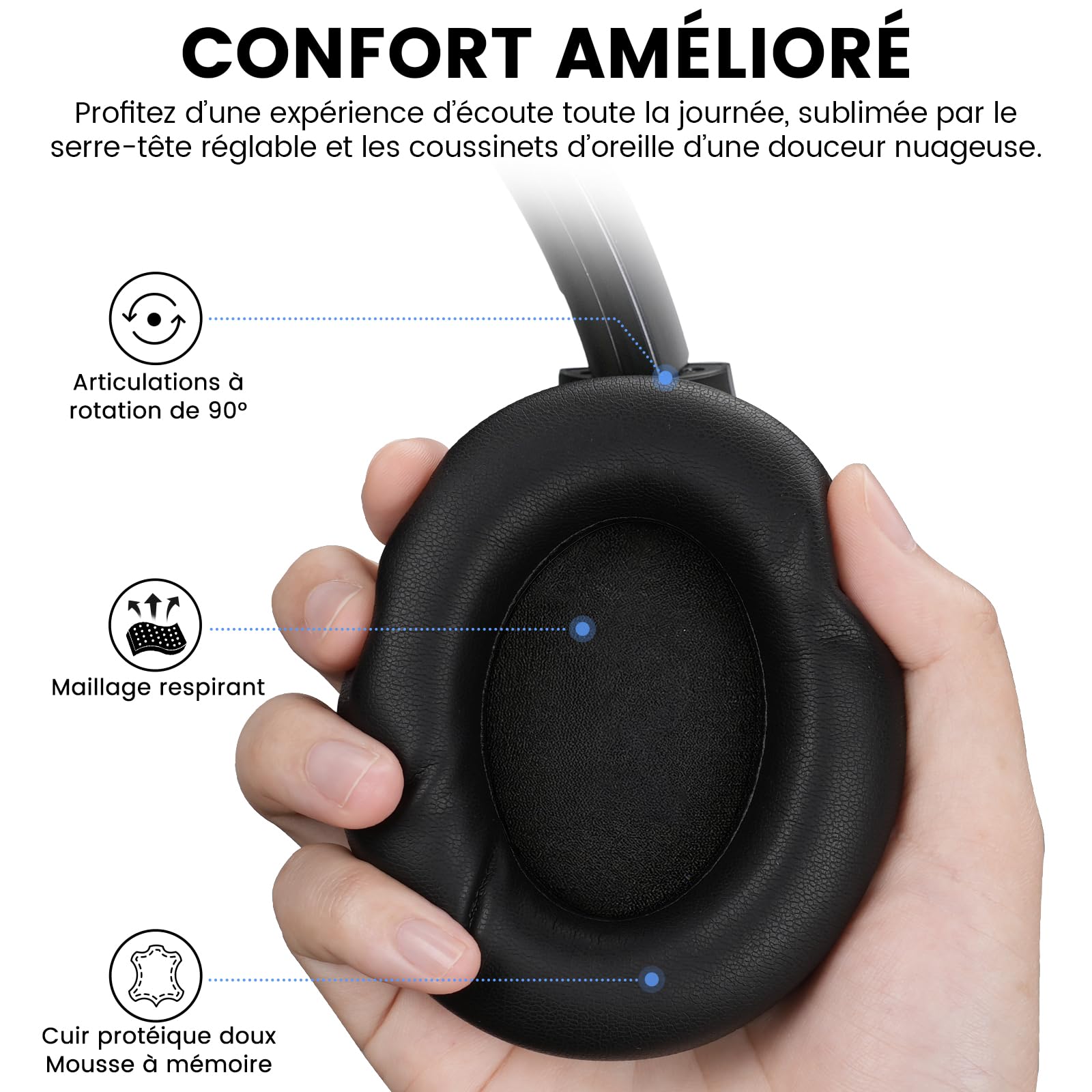1Mii Y8+ Casque Bluetooth 6.0 sans Fil Anti Bruit, Réduction de Bruit Active Hybride, Son 100H d'Autonomie, LDAC Hi-Res Audio, Bass Boost, EQ Personnalisé Via App, Confortable Over-Ear Noir