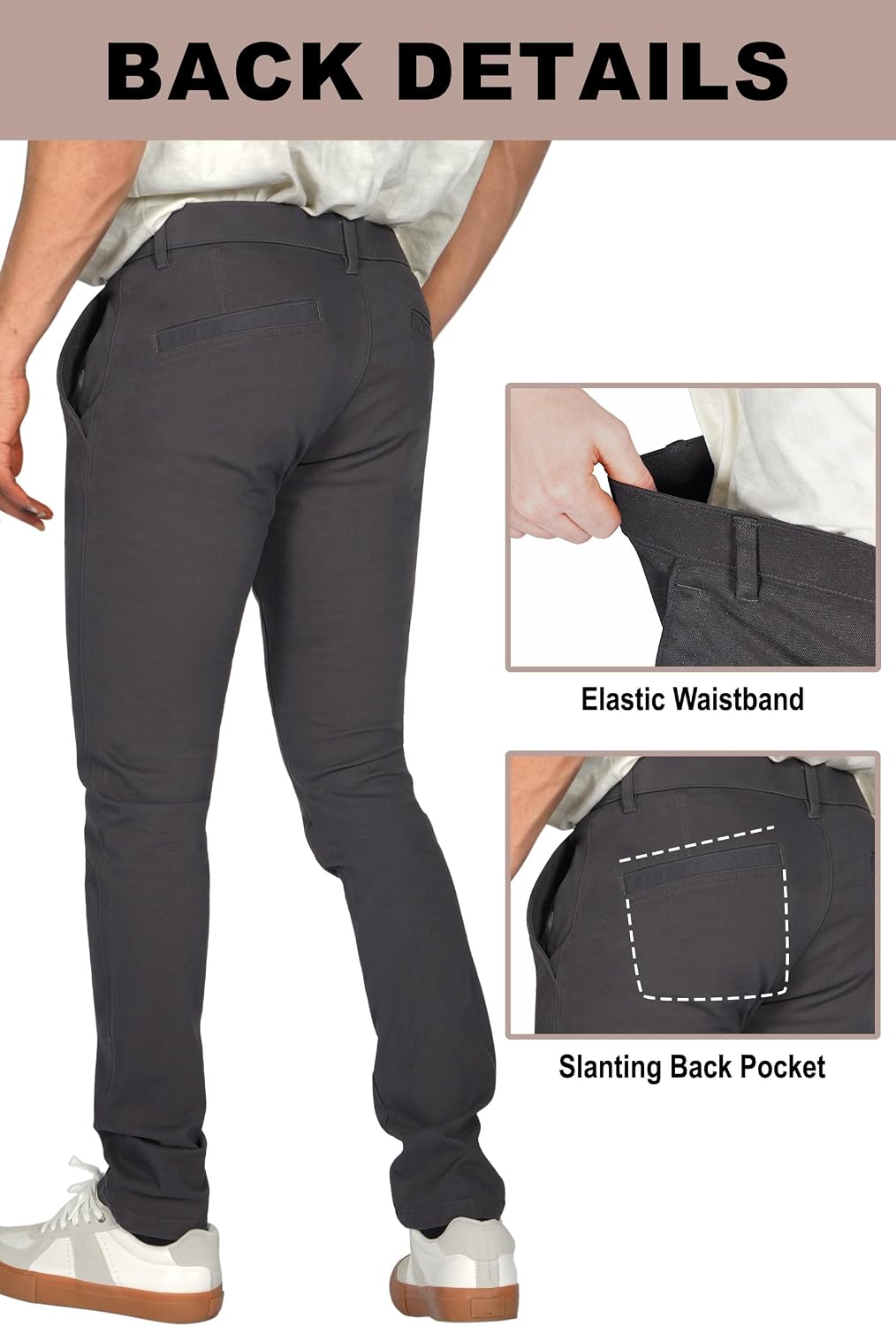 Plaid&Plain Men's Skinny Fit Chino Pants, Slim Tapered Khaki Pants with Pockets