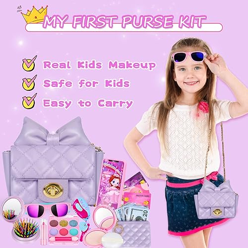 Miniatura 3 de KONP Bolso para niña con kit de maquillaje para niños, mi primer juego de bolso con bolsa de cadena y más juguetes de simulación, juguetes de