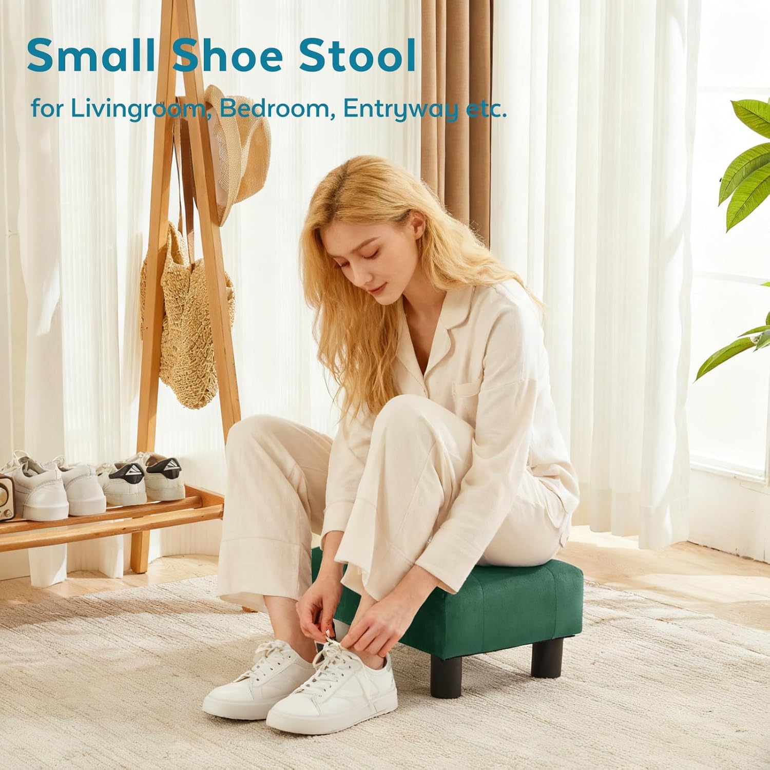 Small Foot Stool Ottoman, Velvet Footstool Ottoman Foot Rest for Couch, Rectangle Footstools and Ottomans Small for Living Room, Entryway (Green)