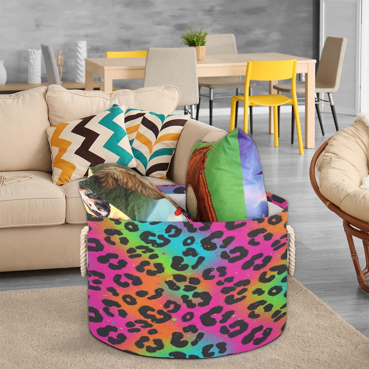 Large Storage Baskets - Rainbow Leopard Print Nursery Round Collapsible Organizer Bin Box, Laundry Hamper for Kids Toys, Blanket, Bedroom Living Room Home Decor, Gift Basket, 19.4"x13.3"