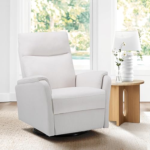 Modern Swivel Rocker Recliner – Glider Reclining Chair with Footrest, Wide Seat Cushion & Comfortable Support for Living Room, Nursery, Bedroom, White