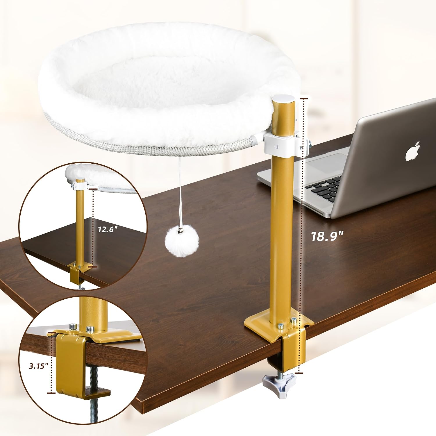 Cat Desk Bed Clamp-On Hammock, 360 Rotating Perch for Desk, Chair & More | A 360-rotating clamp-on cat hammock with a golden pole and toy ball - mounts to desk, table, chair, headboard, or nightstand