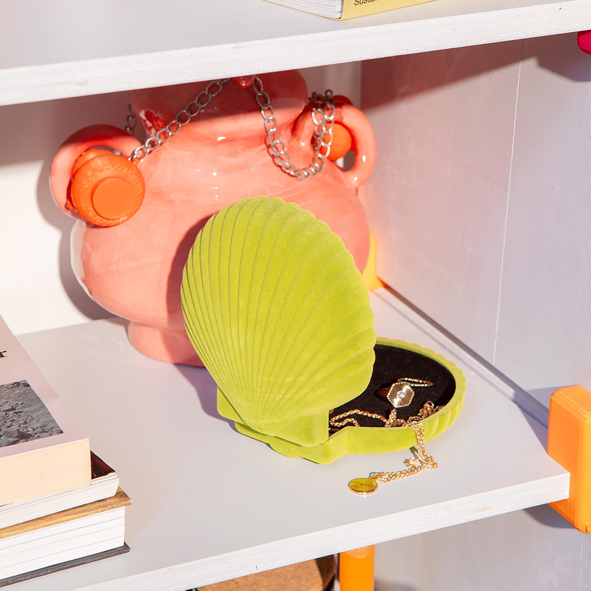 Portagioie A Conchiglia In Velluto, Organizer Compatto Per Anelli Orecchini E Collane, Elegante Custodia Da Viaggio O Da Comodino, Colore Rosa