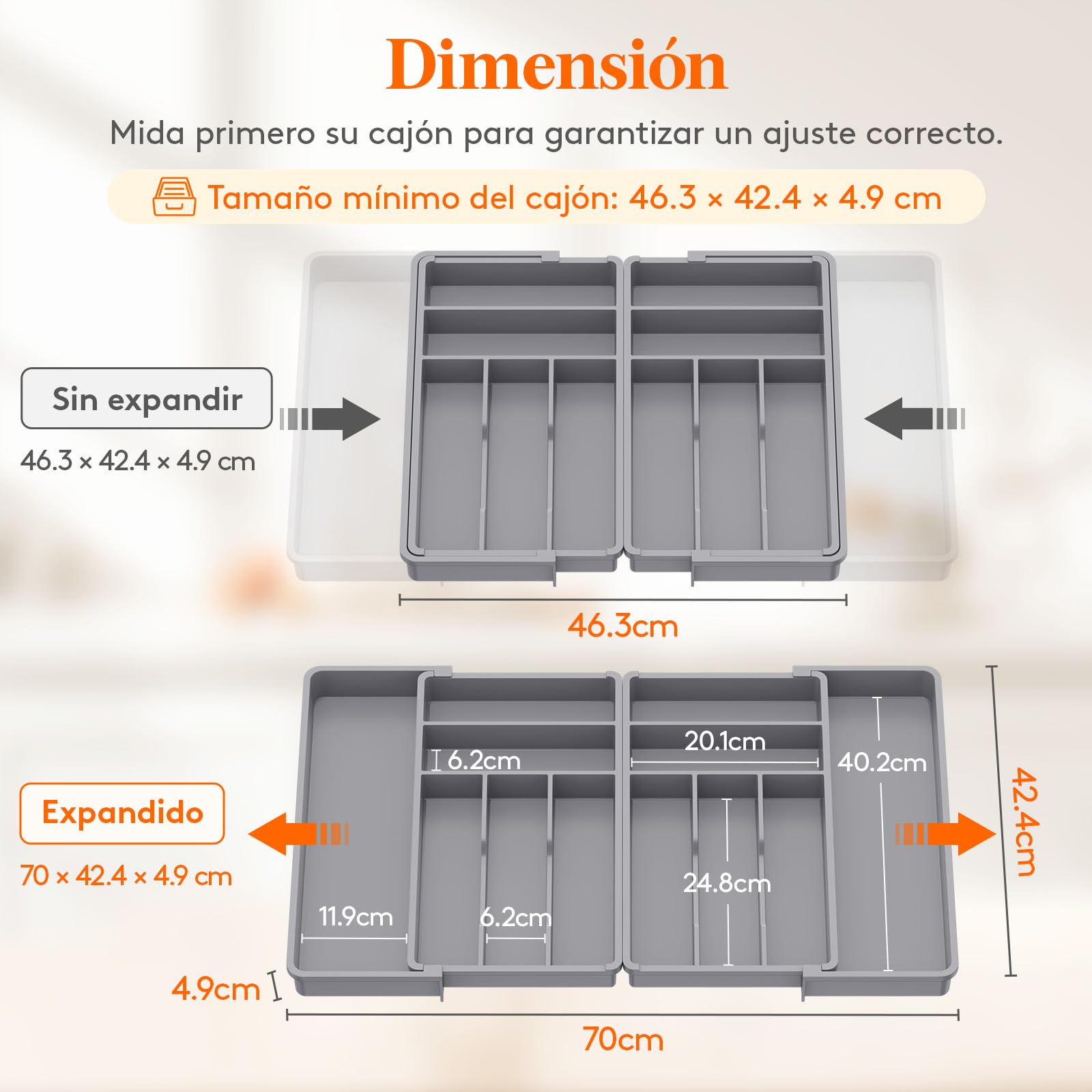 Lifewit Bandeja Grande para Cubiertos Cajon, Ancho de 46 a 70 cm, Organizador Vajilla Extensible de Cocina, Profundidad de 42,4 cm, Extraíble Separador Talheres, Porta de Utensilios/Cucharas, Gris
