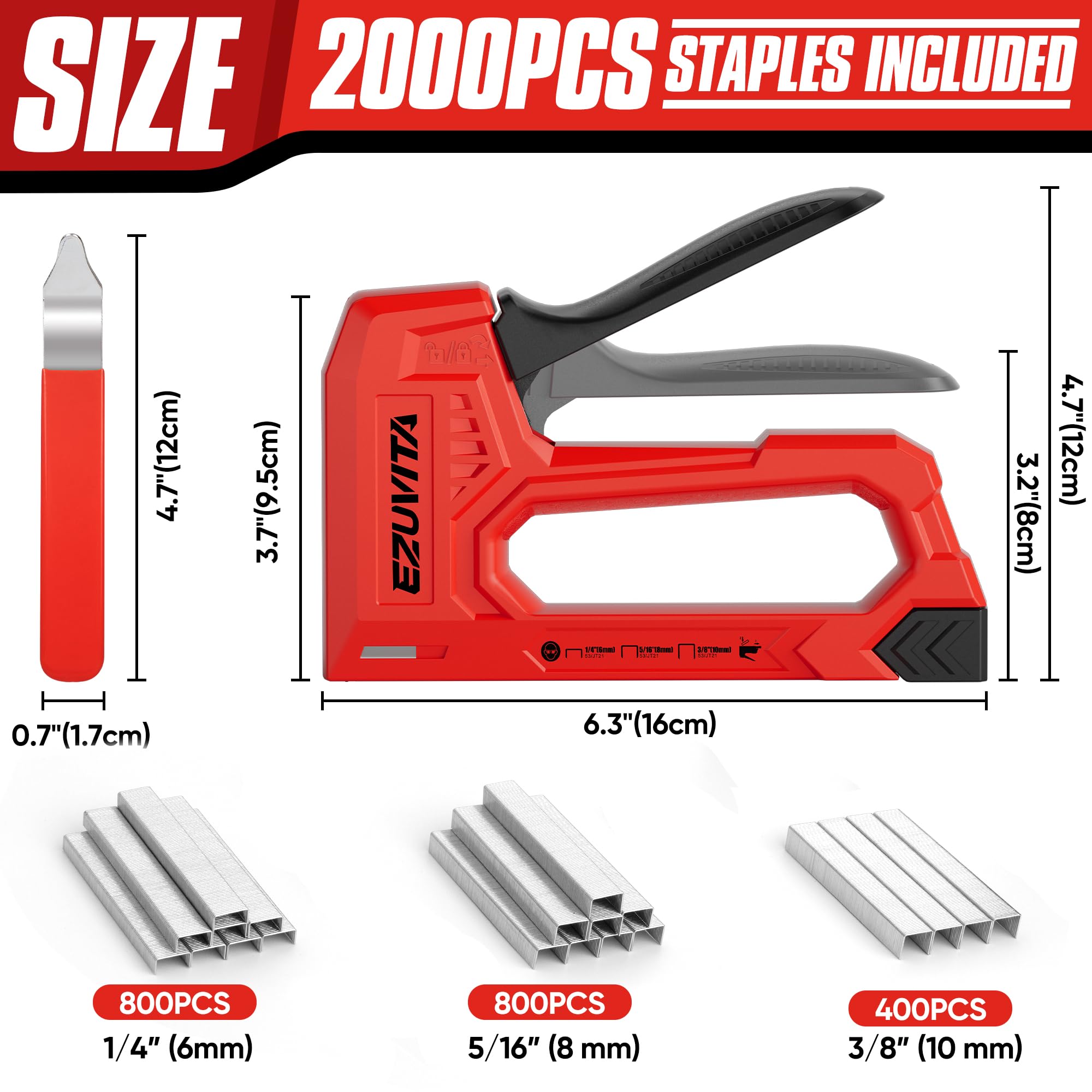 EZUVITA Light Duty Staple Gun for Wood, Red Upholstery Staple Gun Kit with 2000pcs JT21 Staples 6mm, 8mm - Image 2