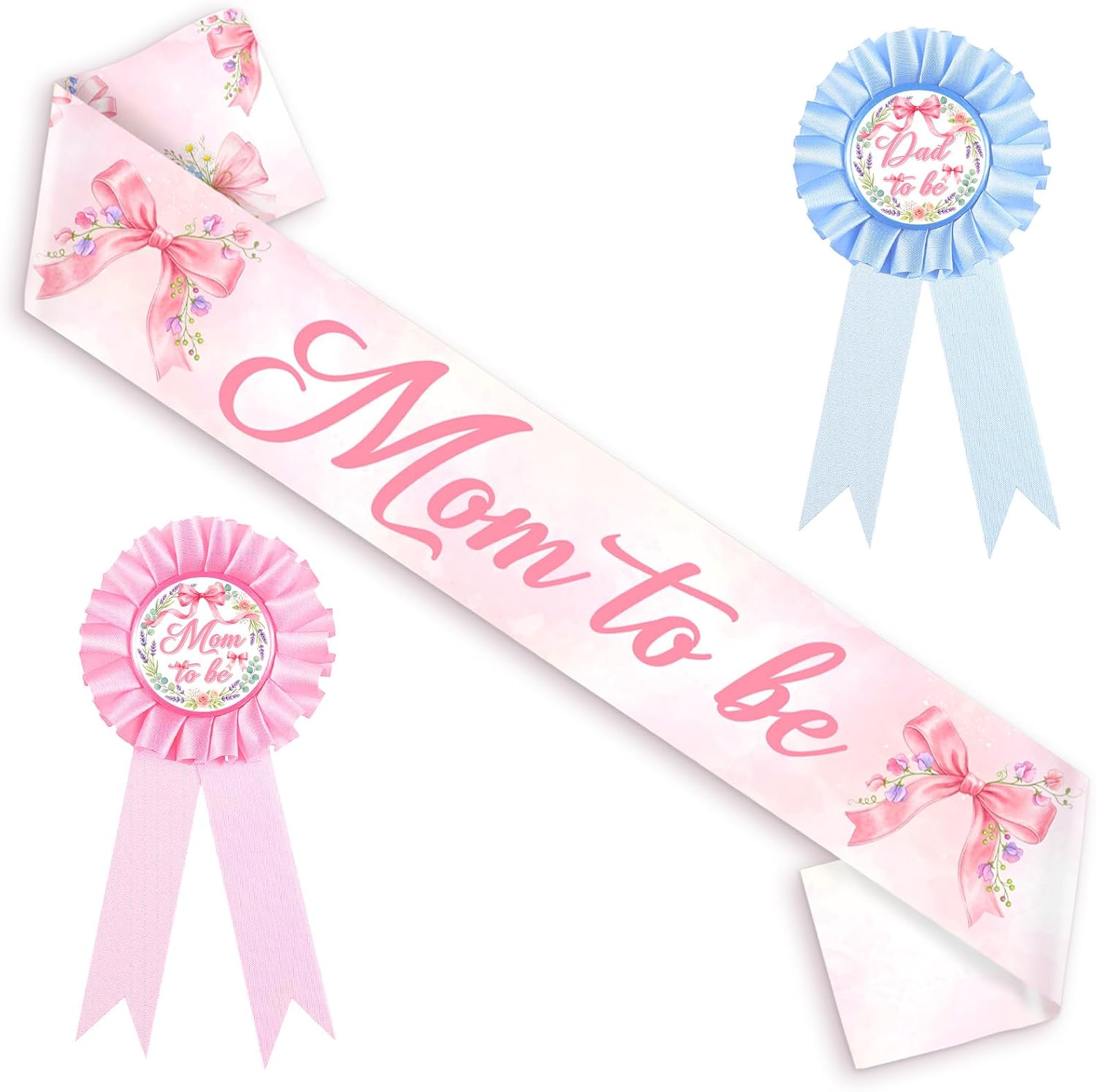 Pink Bow Wildflower Baby Shower Decorations Set Mom Dad to Be Badge Sash Kit for Parents to Be Party Entrance Photo Backdrop Celebration Outfit Satin Printed Fabric with Pins