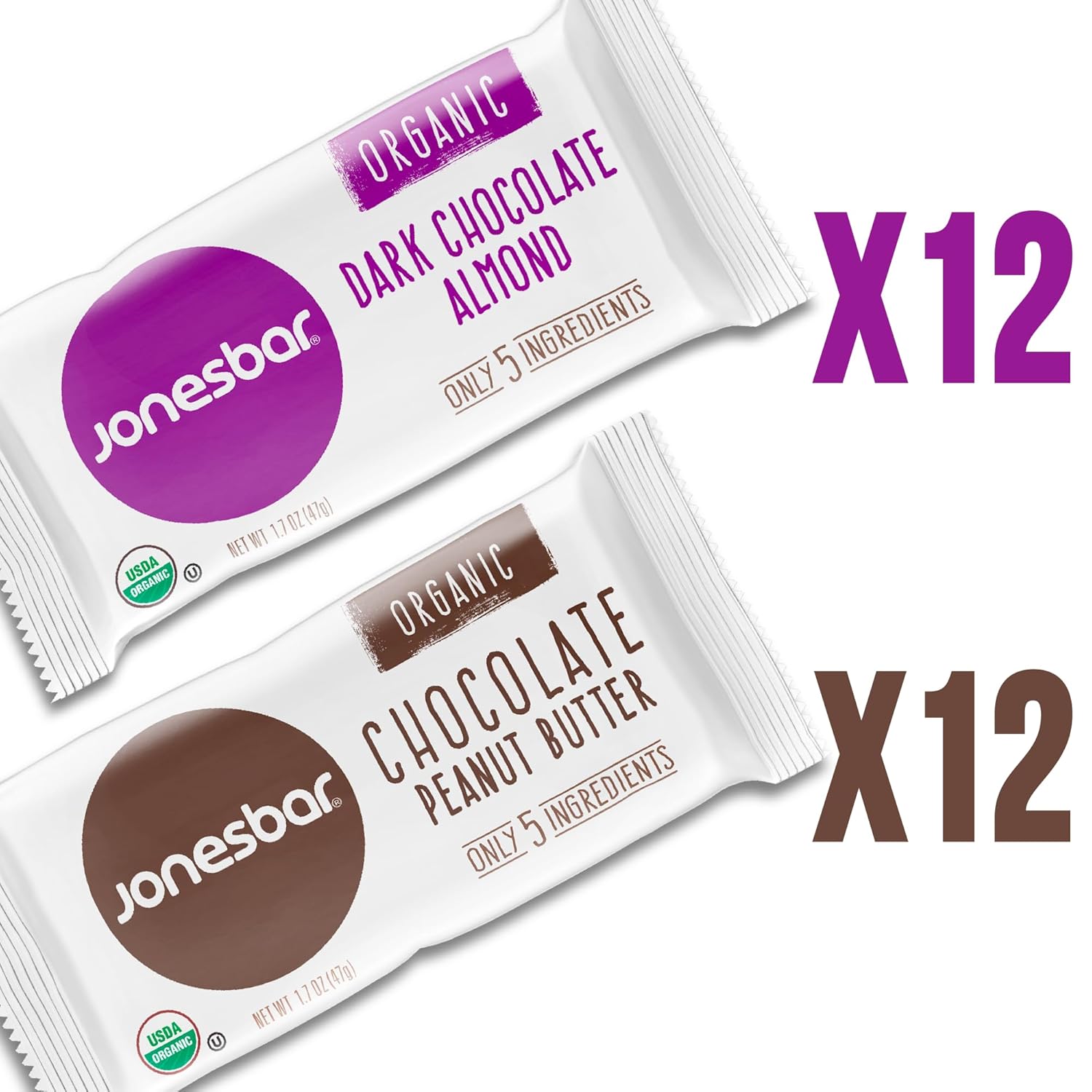 JONESBAR Organic Plant Based Protein Bars | Chocolate Lover 24 Bars| Fruit & Nut Bar, Kosher, Gluten Free, Breakfast Bars, School Snacks, Vegan Snack & Healthy Snacks for Adults and Kids (Pack of 24)