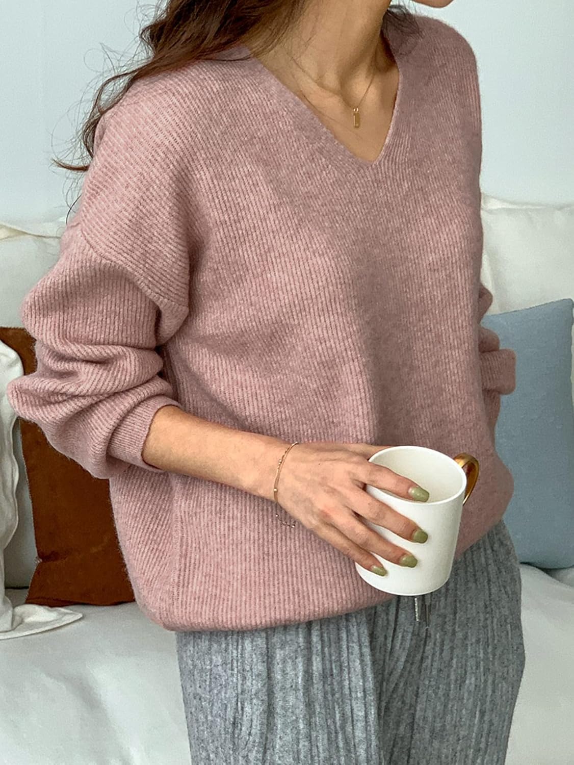 Women's Sweater Neck Drop Shoulder Sweater Sweater for Women (Color : Pink, Size : Medium)