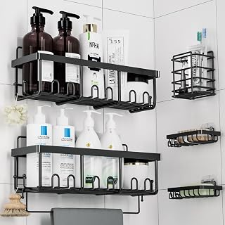 Shower Caddy 5 Pack, 12.5in Large Capacity Shower Organizer, Sturdy Adhesive Shower Shelf for Inside Shower, Stainless Steel Shower Shelves with 10 Extra Hooks