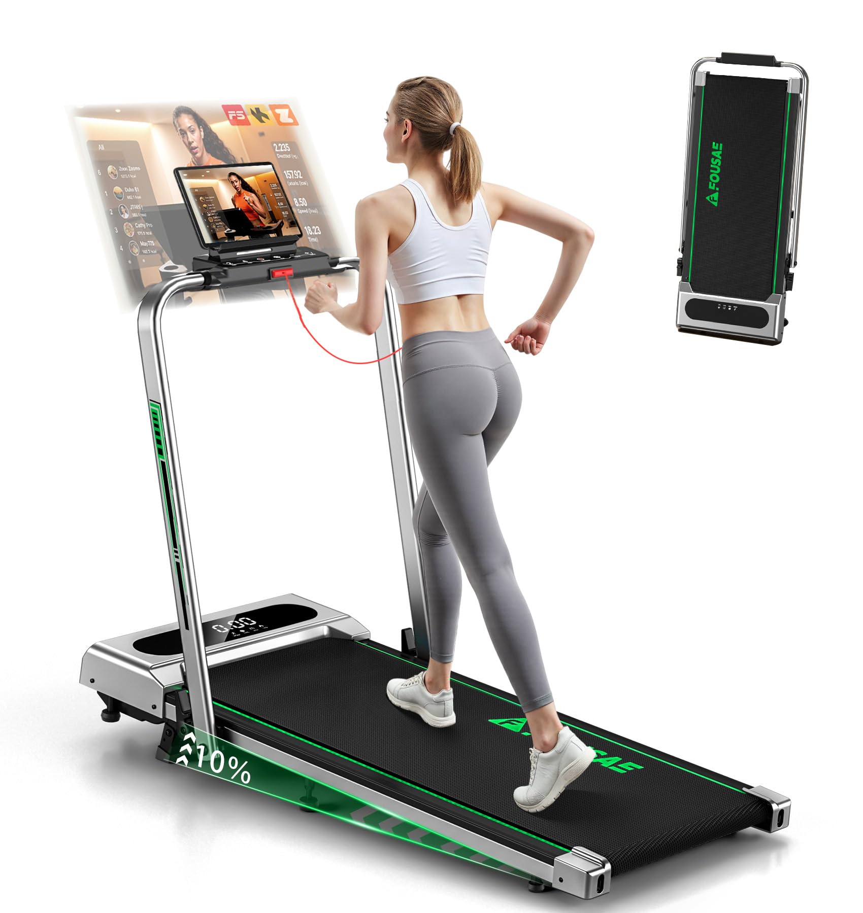 FOUSAE 5 in 1 Folding Electric Treadmill with Tilt, Folding Treadmill, 12 km/h, App, Remote Control and Dual LED Display, No Installation Required