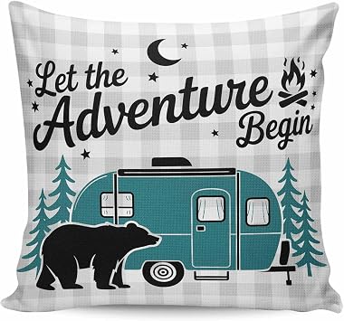 Throw Pillow Covers 20x20 inch, Black Bear Green Tree CV Adventure Pillowcase Burlap Decorative Cushion Case Grey Plaid Soft Cotton Linen Cushion Cover with Zipper for Couch Bed Sofa