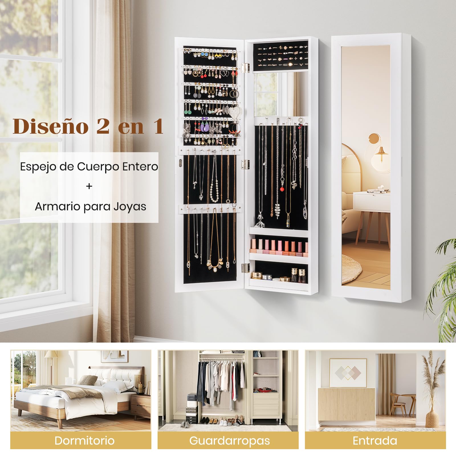 COSTWAY Armario Joyas Espejo Puerta Organizador Cuerpo Entero Maquillaje Incorporado Ganchos 3 Estantes Almacenamiento Blanco