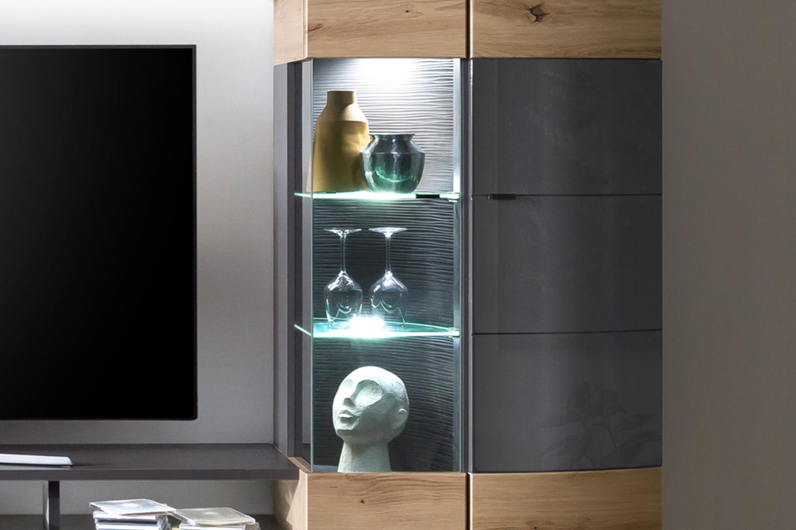 Florina VA Wohnkombination Set 4-Teilig - Modern - Front: MDF Hochglanz - Farbe: Braun/Grau - TV Wand - B/H/T: 302,2 x 193,3 x 53,2