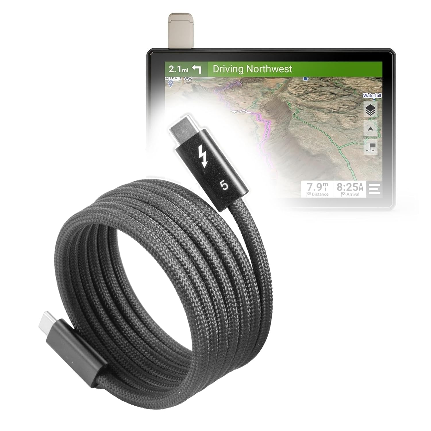 BoxWave Cable Compatible with Garmin Tread SxS - SnapWrap Thunderbolt 5.0 Cable (5ft 240W), Magnetic Self-Coiling Nylon Braided Retractable - Jet Black