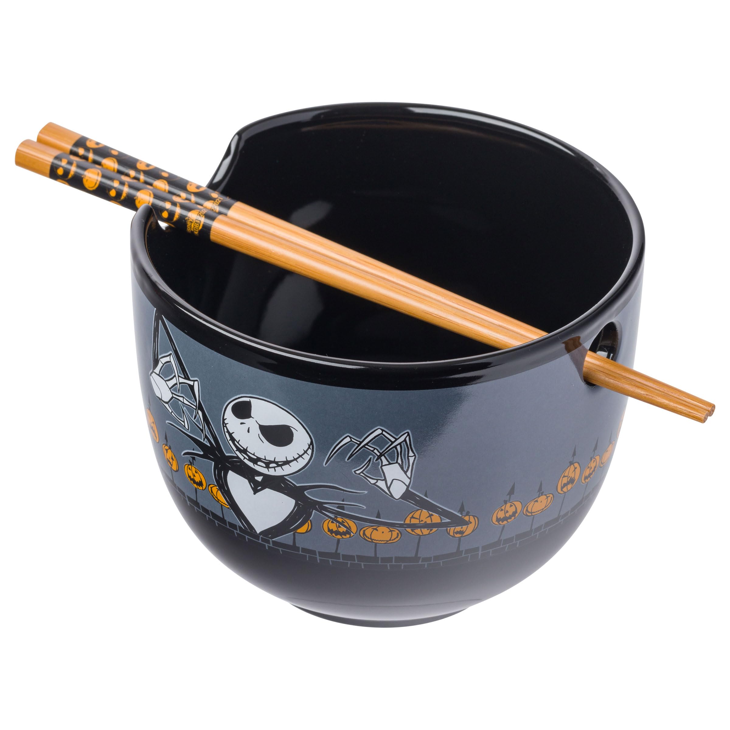 Silver Buffalo Disney Nightmare Before Christmas Scary Jack Skellington Pumpkin Fence Ceramic Ramen Noodle Rice Bowl with Chopsticks, 20 Ounces