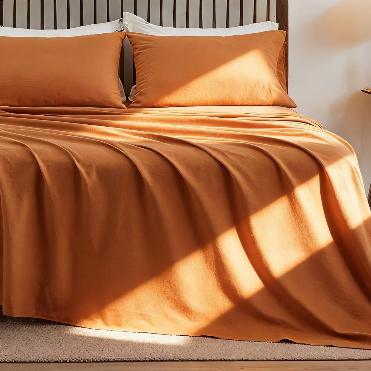 FALUCA Belgian Linen Cotton Sheet Set 4-Piece (1 Flat Sheet, 1 Fitted Sheet & 2 Pillowcases) - Soft, Breathable & Cozy Farmhouse Bedding for Hot Sleepers, Natural Flax Blend - Queen Size, Rust