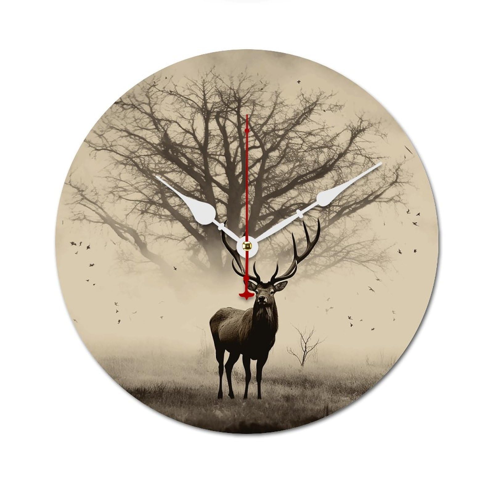 Horloge murale en bois élan abstrait moderne design sans cadre silencieuse ronde