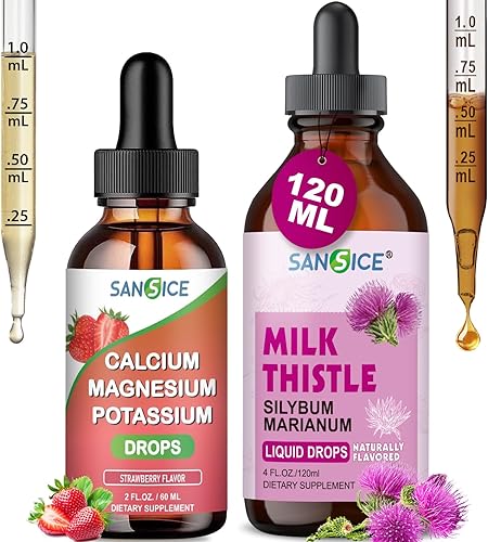 Miniatura 1 de Gotas líquidas de calcio y magnesio y potasio + gotas líquidas de desintoxicación hepática de cardo mariano - Orgánico, apoya el equilibrio hepático