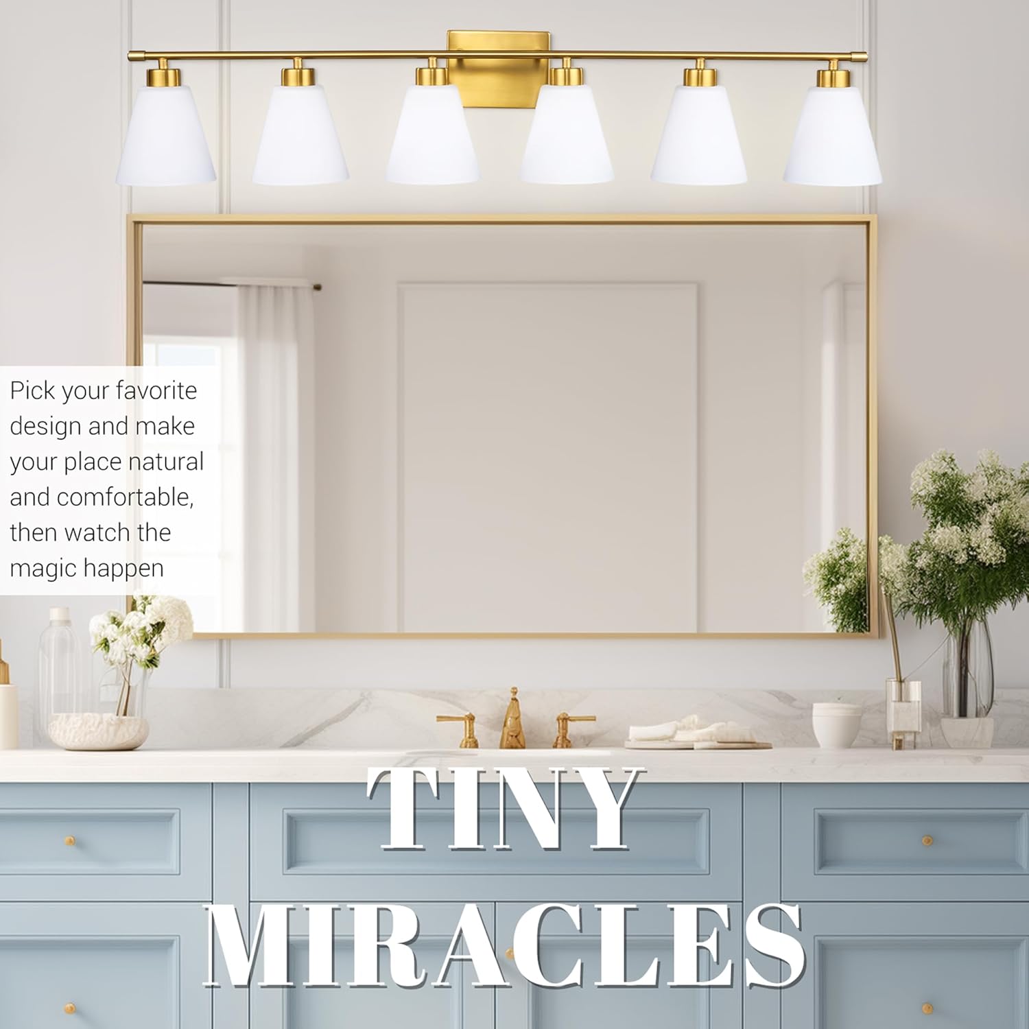 Hamilyeah 6 Light Bathroom Vanity Light Gold, 45 inch Gold Bathroom Vanity Lighting Fixtures Over Mirror with Milk Glass Shade, 6 Bulb Light Fixtures Over Mirror