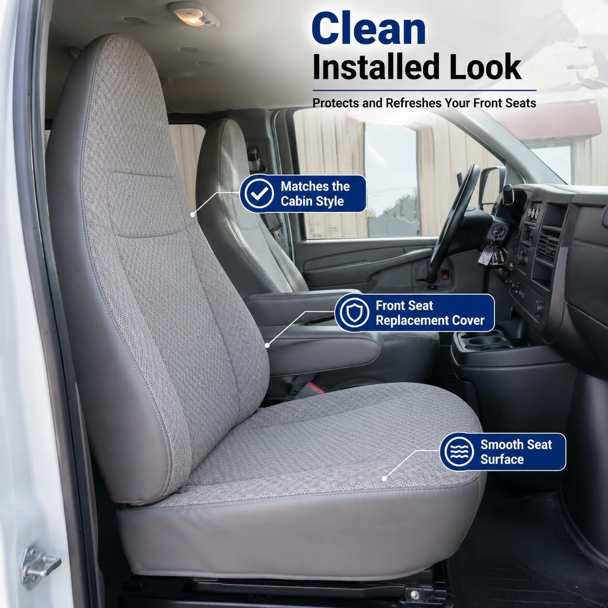 SecosAutoparts Driver/Passenger Bottom Seat Cover Replacement Cloth Pewter Gray Compatible with Chevy Express & GMC Savana 1500/2500/3500 2003-2014 | Custom Fit with Foam Padding