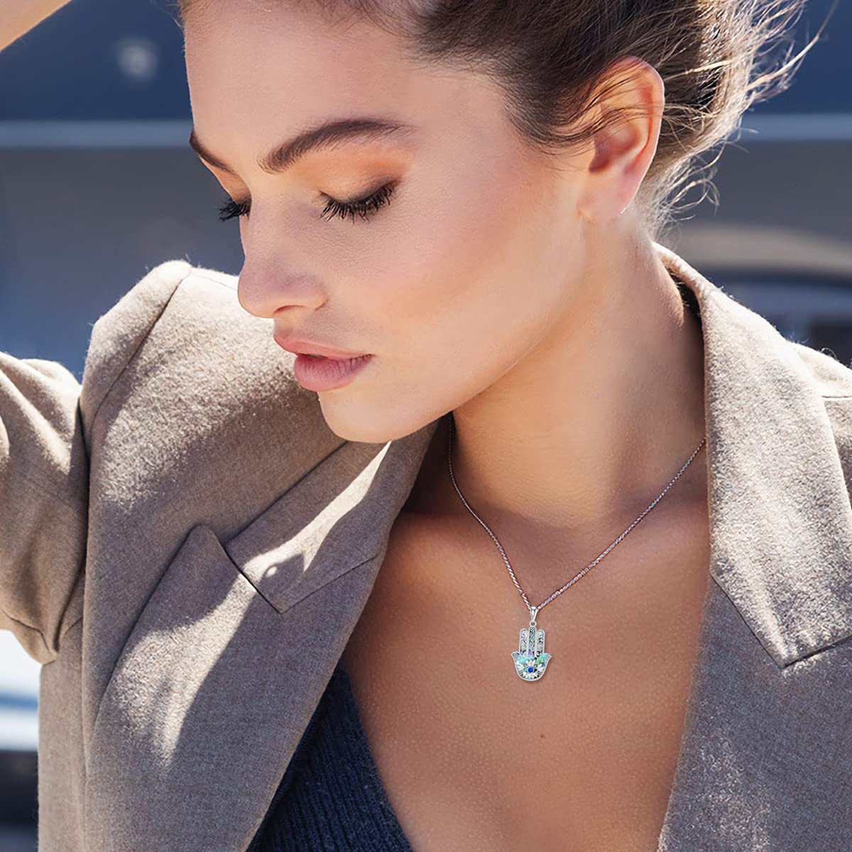 VONALA Collar de mal de ojo de plata de ley 925, joyería de mano de hamsa para mujeres y niñas, MIDDLE, Plata esterlina, Circonia cúbica