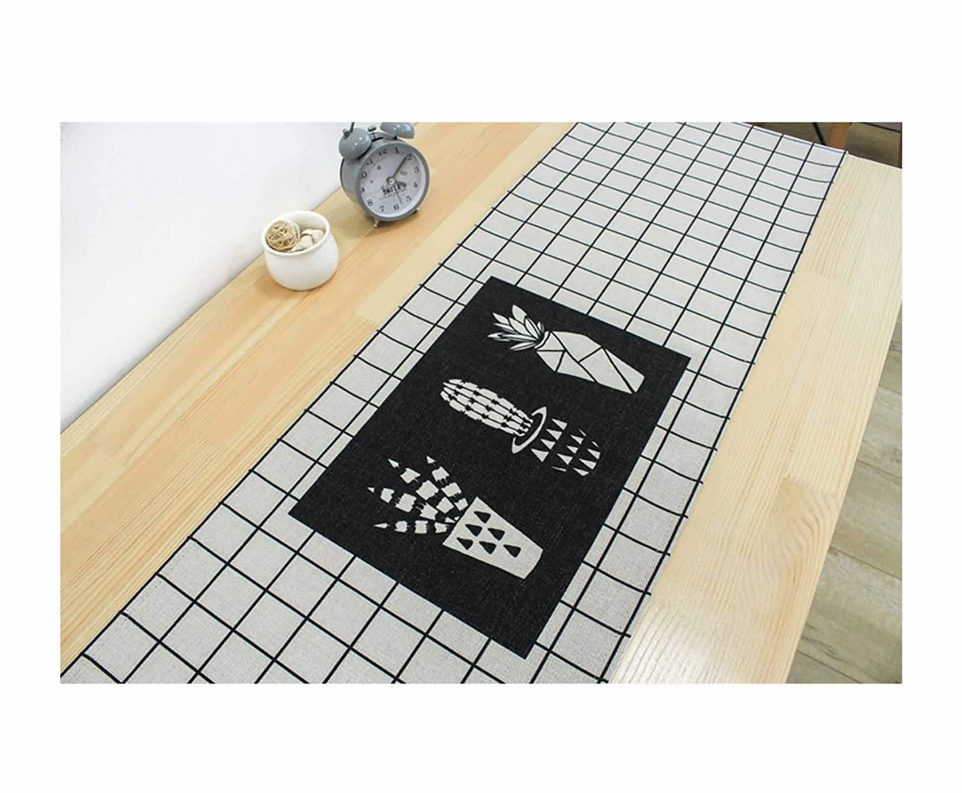 Decoración de mesa de centro de otoño, camino de mesa para hombre, negro y blanco, 12.8 x 76 pulgadas, patrón de celosía de cactus, piña, poliéster, cocina, sala de estar