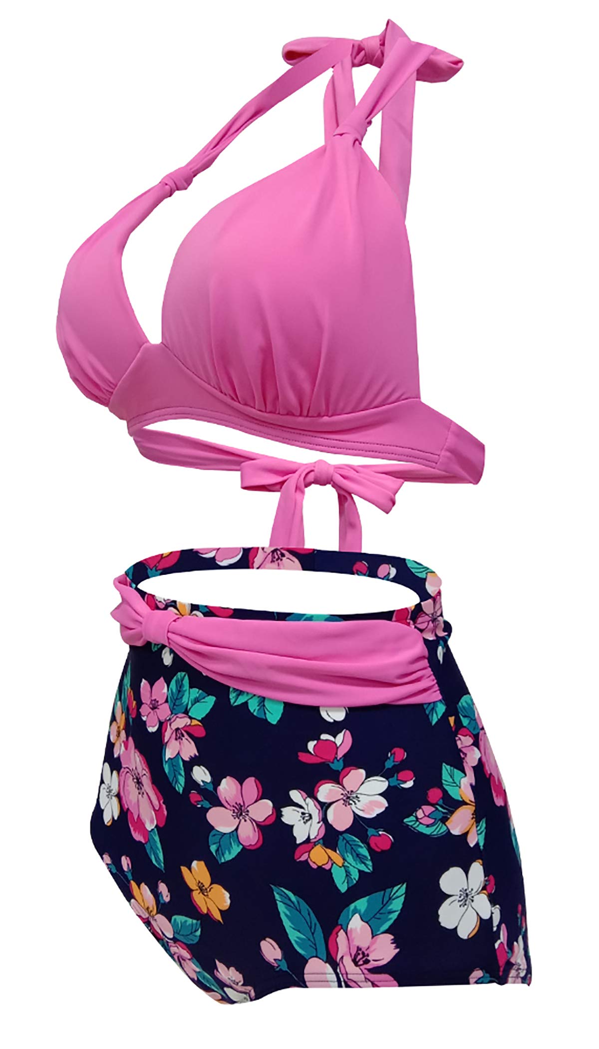 Bslingerie Bikini rétro vintage push-up taille haute pour femme - Rose - Taille M
