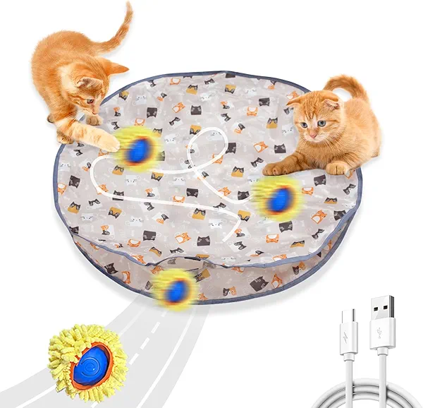 MERNEUO 2 in 1 Interactive Cat Toy - Ball Fast Rolling in Pouch, Motion Activate Chirping Dog Toy, Hide and Seek Mouse Catching Game, Hiding Cover Exercise Toy