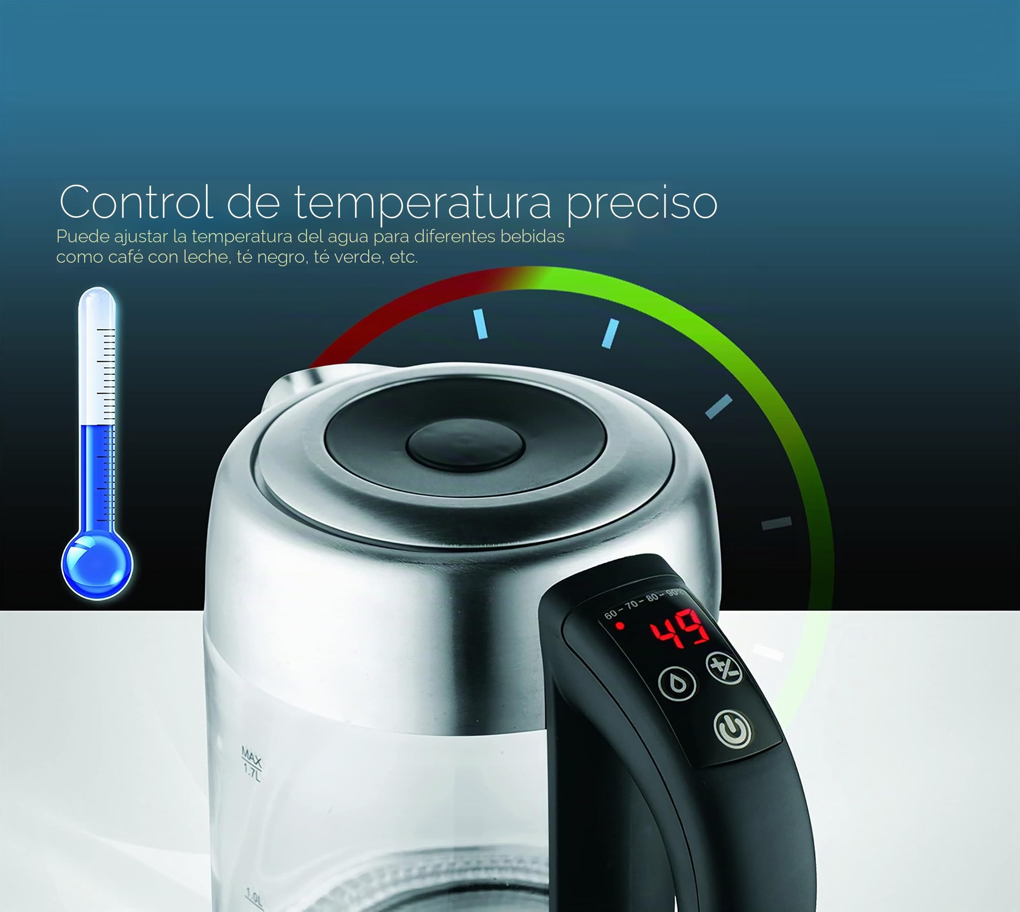Zilan - Hervidor de agua de cristal LED, pantalla digital, 1,7 l, 5 ajustes diferentes, hervidor inalámbrico con cuerpo de vidrio de borosilicato de 360°, 2200 W