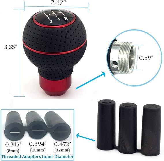 5 Speed Gear Stick Shifter Handle, Leather Covered Aluminum MT Car Shift Knob Fit Most Manual Transmissions, Red