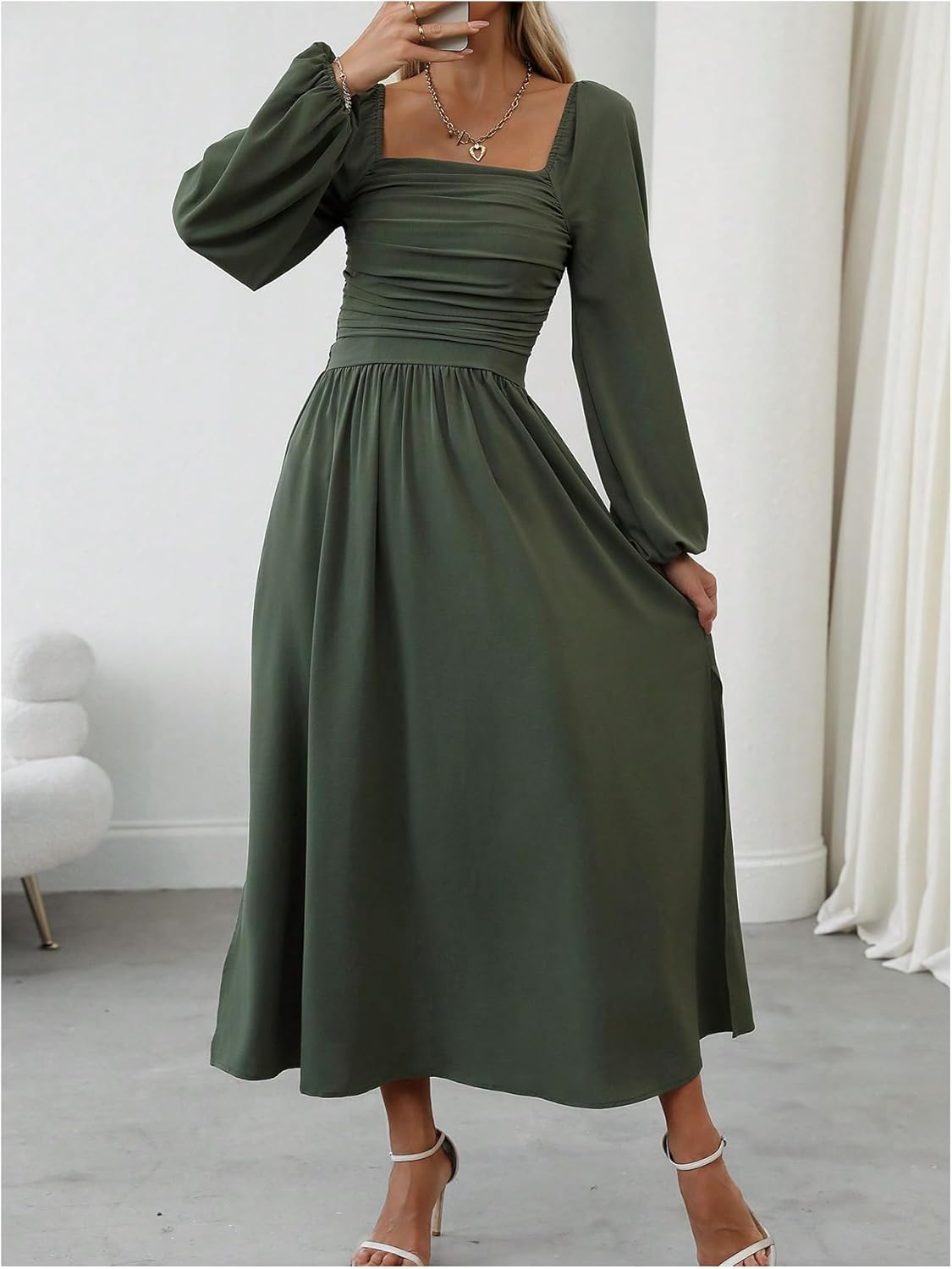 Floerns Women's Square Neck Lantern Long Sleeve Dress Split Ruched Party Midi Dresses - Image 6