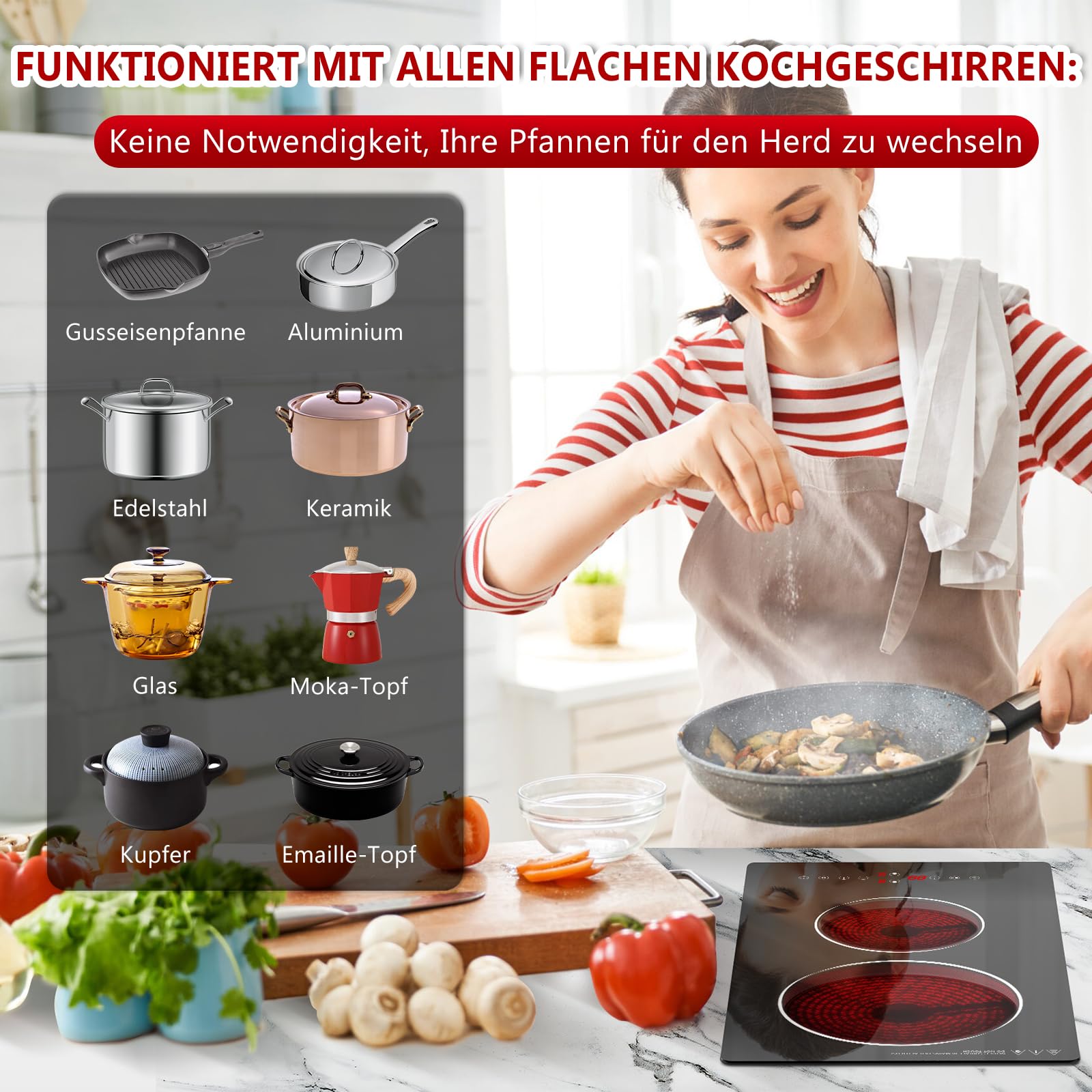Glaskeramik-Herdestelle mit 2 Brennern, 3000W Einbaubare Glaskeramik-Herdestelle mit 2 Brennern und Steckdose, 9 Leistungseinstellungen, Senioren-gedachte Tastensteuerung, Timer
