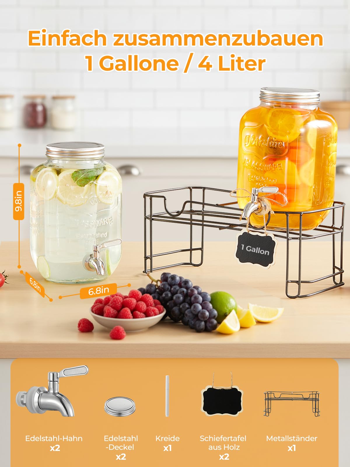 Glas-Getränkespender mit Ständer, 4L×2 Getränkespender, Glas-Wasser-Saftspender mit Hahn für geeiste Säfte, Wasser, Hausgemachte Getränke, Weihnachten Partys, Camping